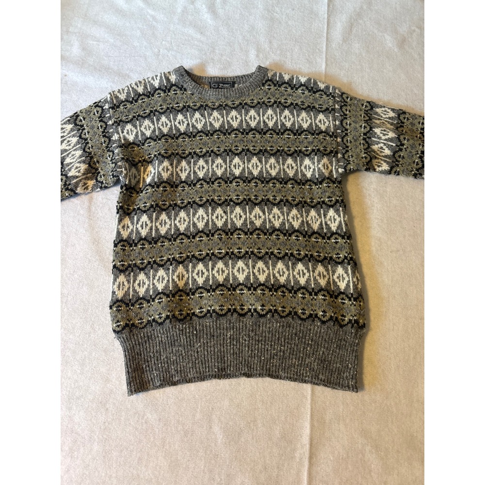 Cezanne Vintage Fair Isle Crewneck Sweater Grey Olive Green Geometric Mens Small